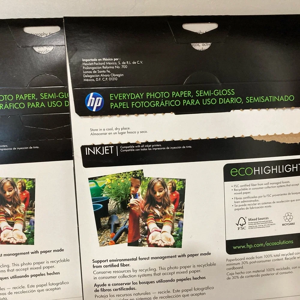 hp Everyday Photo Paper 50 semi-gloss 8.5” x 11” sheets. Three boxes total!
